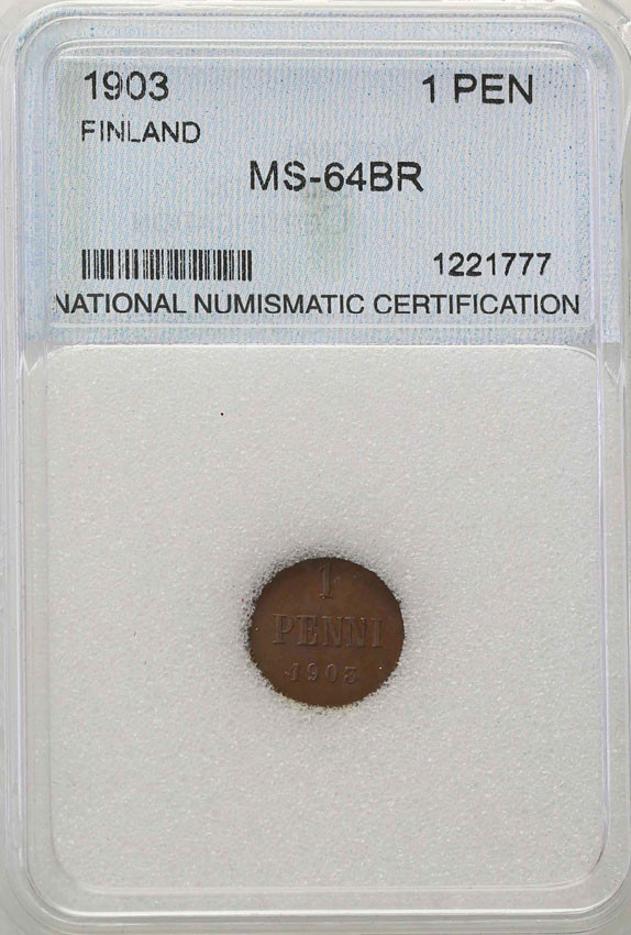 Rosja / Finlandia. Mikołaj II. 1 Penni, 1903 NNC MS 64 BR